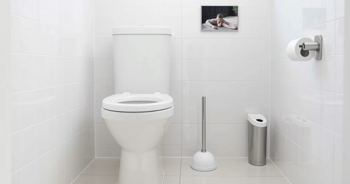 Banheiro com vaso sanitário e desentupidor de borracha ao lado